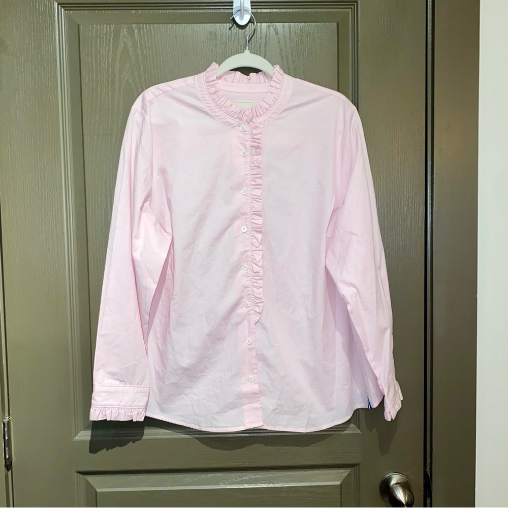 Court & Rowe Ruffle Trim Button-Up Top in Chambray Pink - Picture 7 of 13